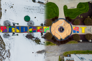 Bridgeport season split Two drone photos of a bridgeport mural in two different seasons split together Z.A. Studios